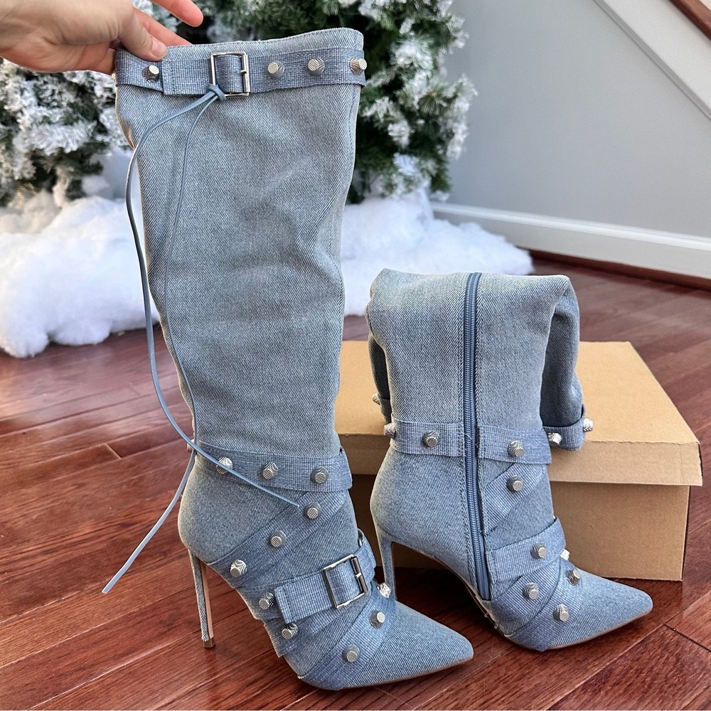 NEW Steve Madden Fink Light Denim Studded Y2K Below the Knee Heeled Boots 6.5 - Picture 4 of 11